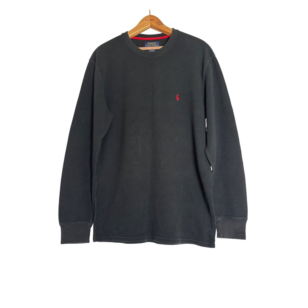 Polo Ralph Lauren‎ Mens XL Black Waffle Knit Thermal Long Sleeve Shirt Red Pony